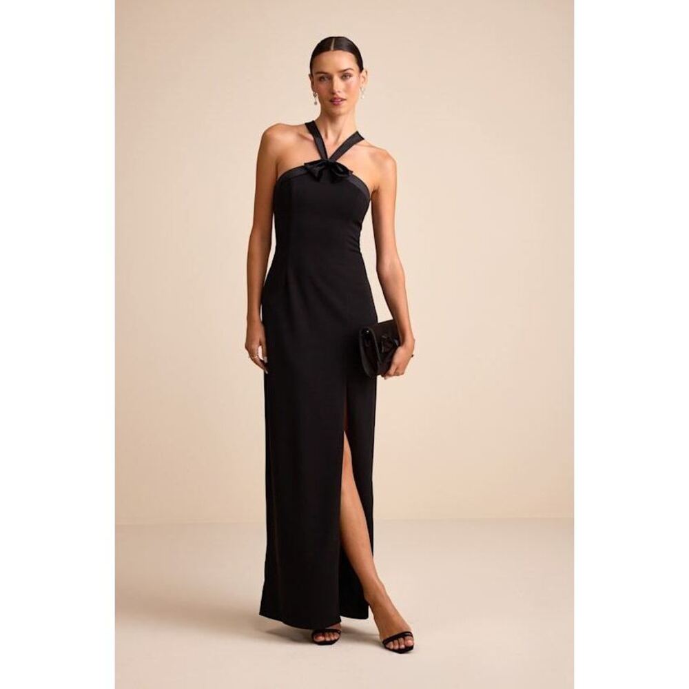 Lulus Bisian Black Velvet Bow Backless Apron Maxi Dress - Size L